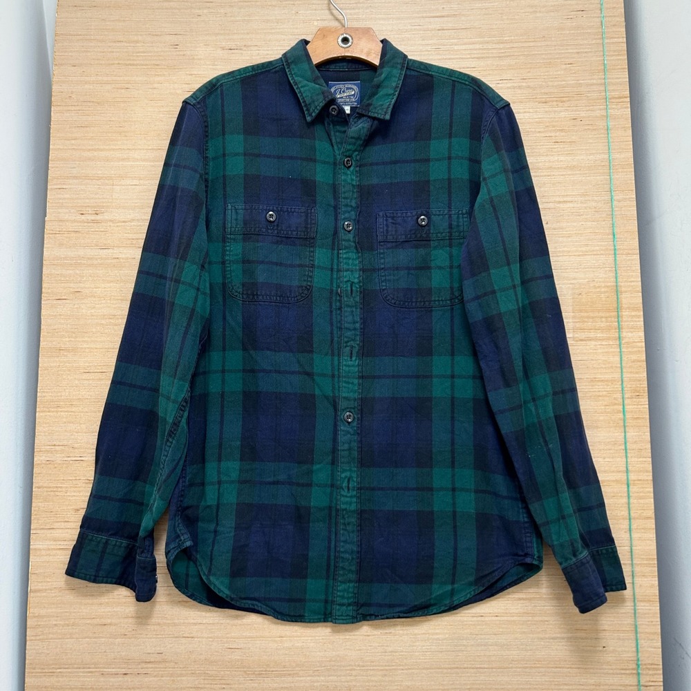 JCrew Mens Small Black Watch Plaid Flannel Shirt Green Navy Blue Cotton